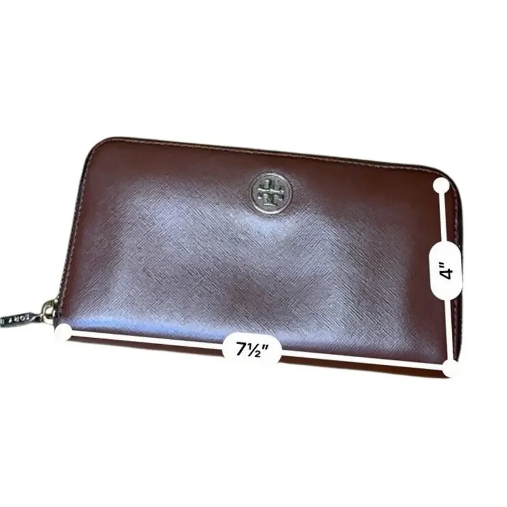Tory Burch Robinson Brown Saffiano Leather Zip Around Continental Wallet Women's